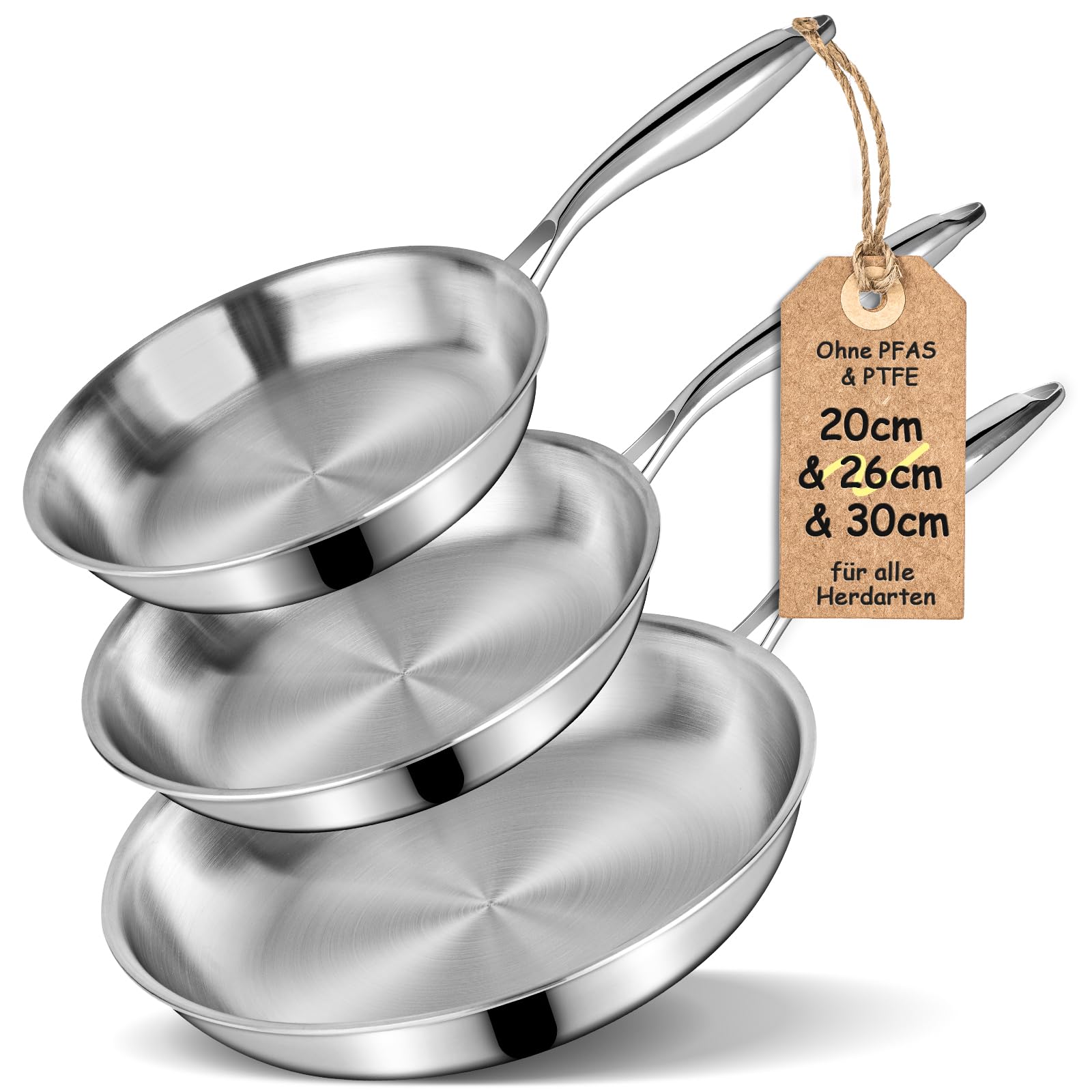 Terlulu Dreilagige Edelstahl-Bratpfannen-Set 20/26/30 cm – Edelstahlpfanne unbeschichtet & Induktionspfanne, PTFE/PFAS/PFOA-frei, Für Alle Herdarten, Schnellwärmend, Backofenfest & Spülmaschinenfest