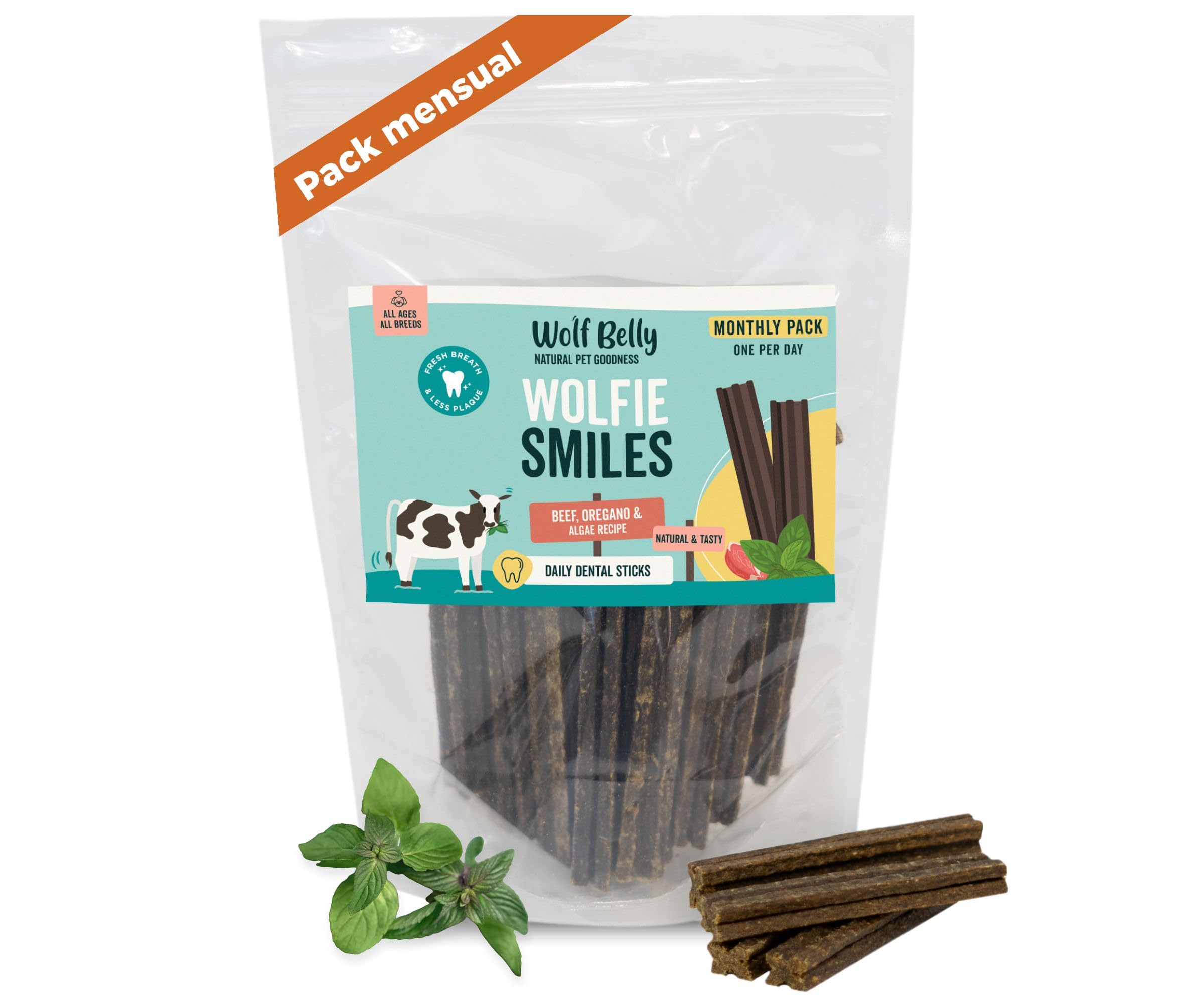 Wolf Belly - Stick Dental Perro Natural (28 uds) Chuches para Perros de 89% Ternera y Orégano sin Cereales, Higiene Dental & Aliento Fresco, Snack Delicioso Sabor a Carne, Rico en Proteínas