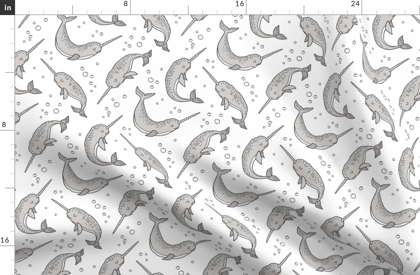 Spoonflower Fabric - Narwhal Grey White Narwhals Whales Sea Ocean Nautical Printed on Organic Cotton Sateen Fabric by The Yard - Sewing Quilting Apparel Home Decor