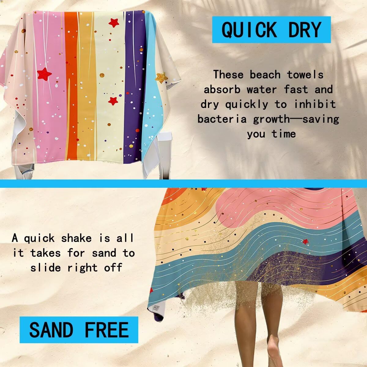 Ręcznik plażowy XXL, 100 x 220 cm, zestaw 2 szt., ręcznik do sauny, ręcznik z mikrofibry, szybkoschnący, sportowy ręcznik do studia fitness, lekki ręcznik kąpielowy, duży, bez piasku, ręcznik plażowy