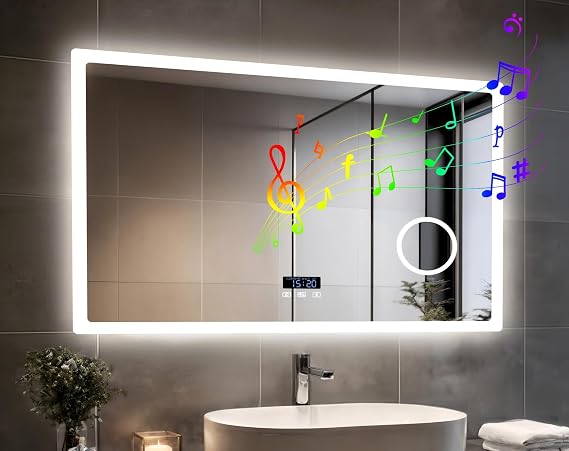 LUVODI LED Bathroom Mirror Rectangle: 39.4 x 27.6 Bluetooth Vanity Mirror | Time Display, Magnifier, Anti-Fog, Memory Function, 3 Color Temperature
