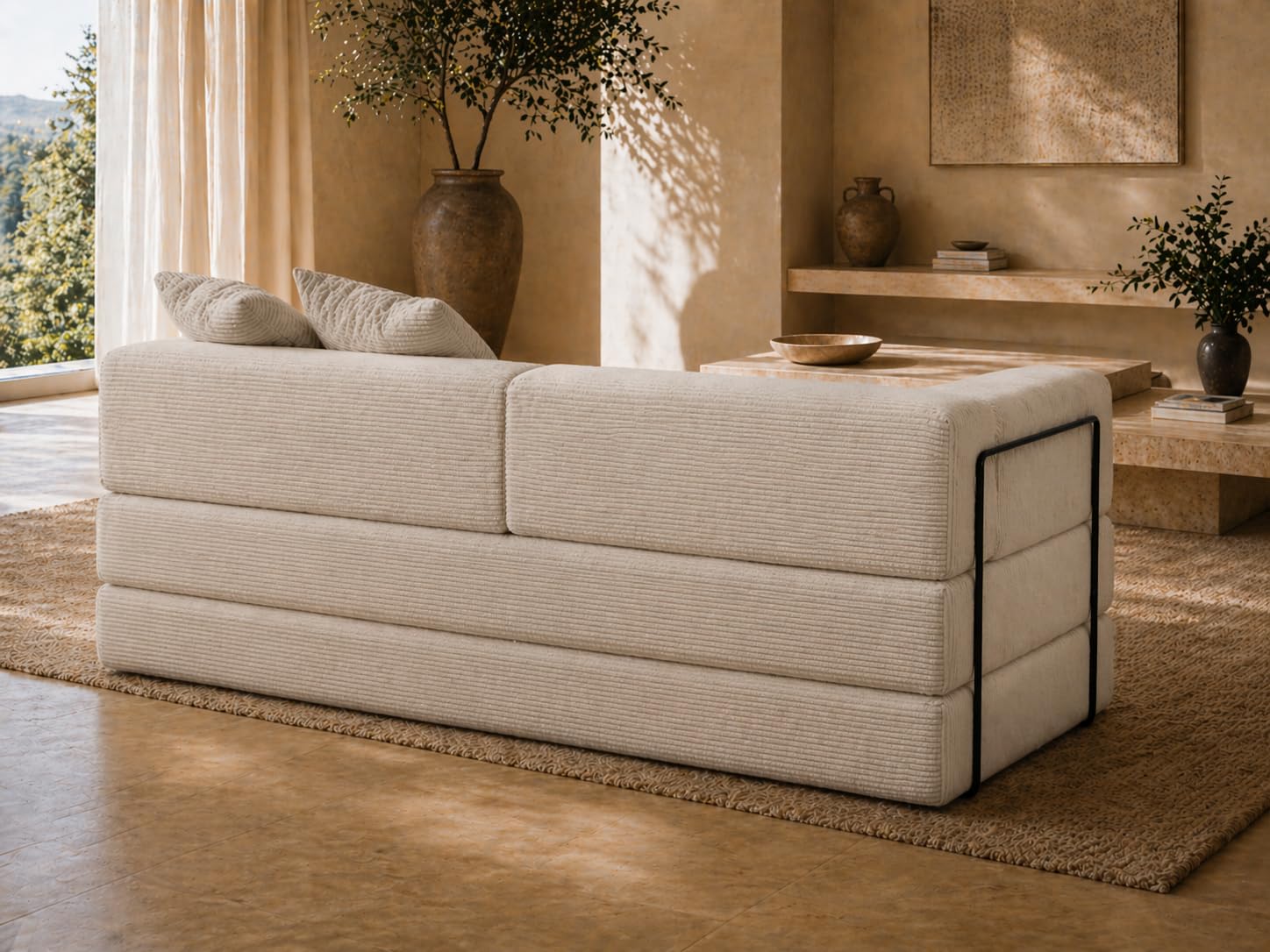 SIMPUR Oasis Sofá Cama 3 Plazas XXL de Pana Premium Beige, Convertible en Cama 180x190 cm, Estructura Metálica Resistente, Funda Lavable, Base Antideslizante, Sin Montaje, Fabricado en España