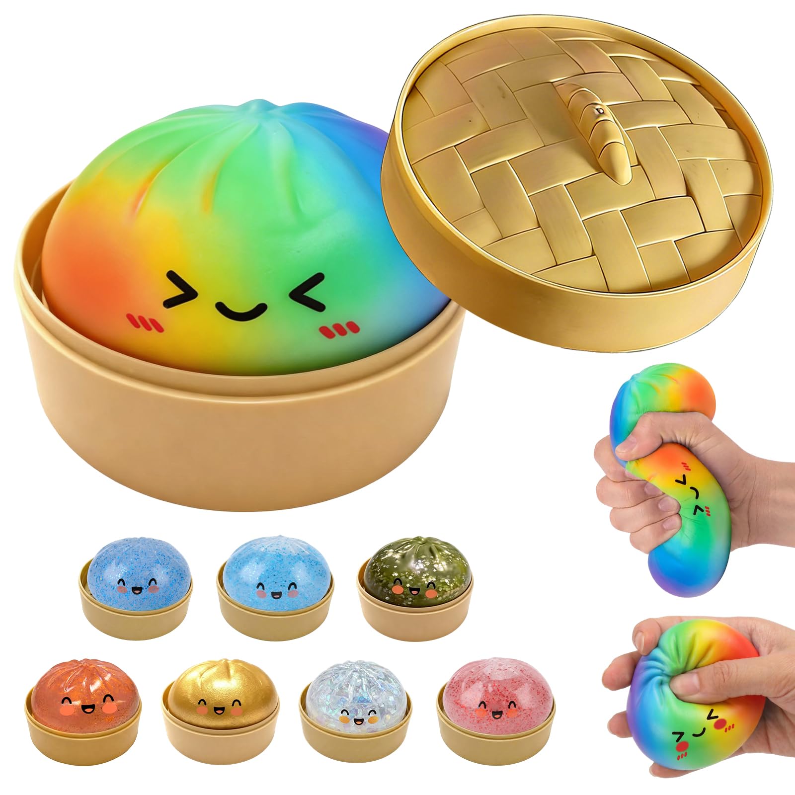 Glitter Dumpling Squishy, New Mystery Glitter Dumpling Squishies Box, Jumbo Squishy Toy with Steamer Box, Colorful Fidget Stress Balls, Soft Squeeze Decompression Dough Sensory Play Toy(Glitter White) — view 9