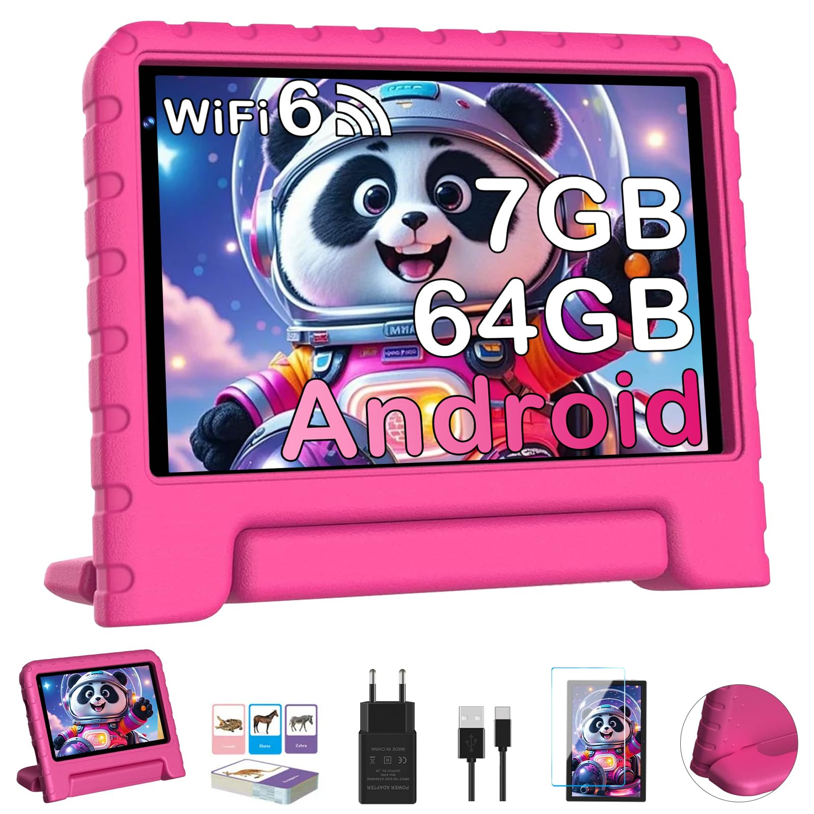Dghrti Tablet 7 Pollici Android, Quad-core, 7GB +64GB (TF 512GB), Controllo Parentale, 3500mAH, BT 5.0, 5+8MP, Tablets con EVA Custodia Protettiva Resistente Agli Urti,Rosa