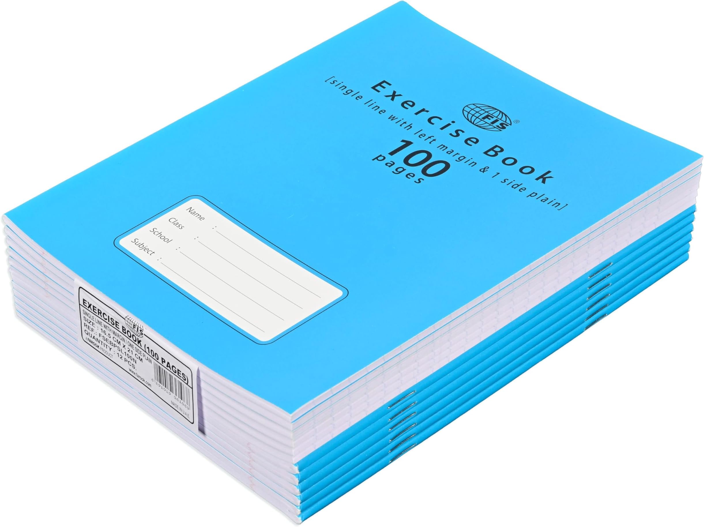 Exercise Book, Size 165x210mm, 50 Sheets, 100 Pages, Single Line with Left Margin & 1 Side Plain, Packet of 12 Pieces, Neon Blue Cover with Mathematical Info-FSEBPSL100N