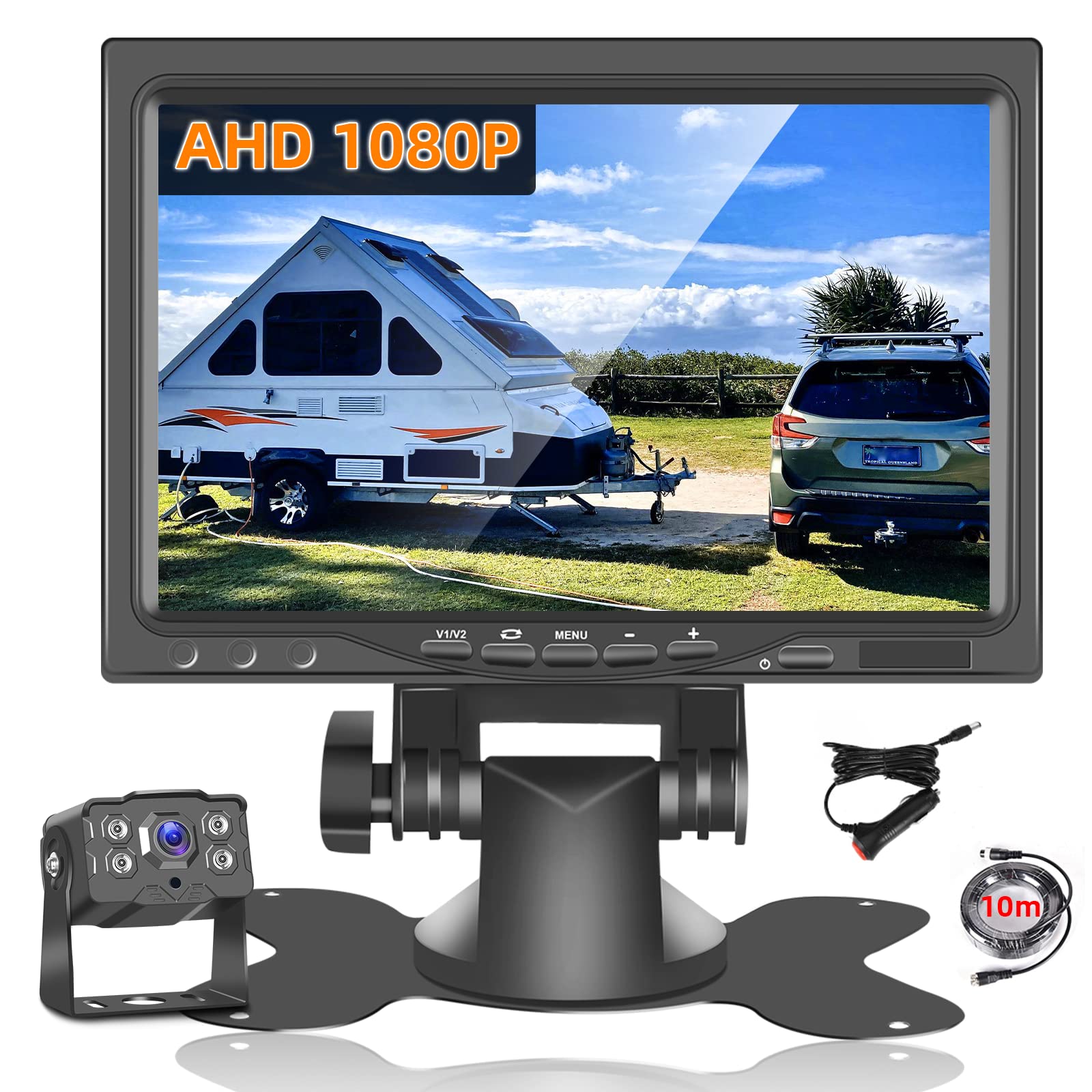 Hodozzy Reversing Camera Set with 7 Inch IPS Monitor & AHD Camera, IP68 Waterproof, IR Night Vision Rear View Camera 4-Pin 10 m Cable for Truck/Trailer/Bus/Van/Agriculture/Heavy Transport (9-36 Volt)