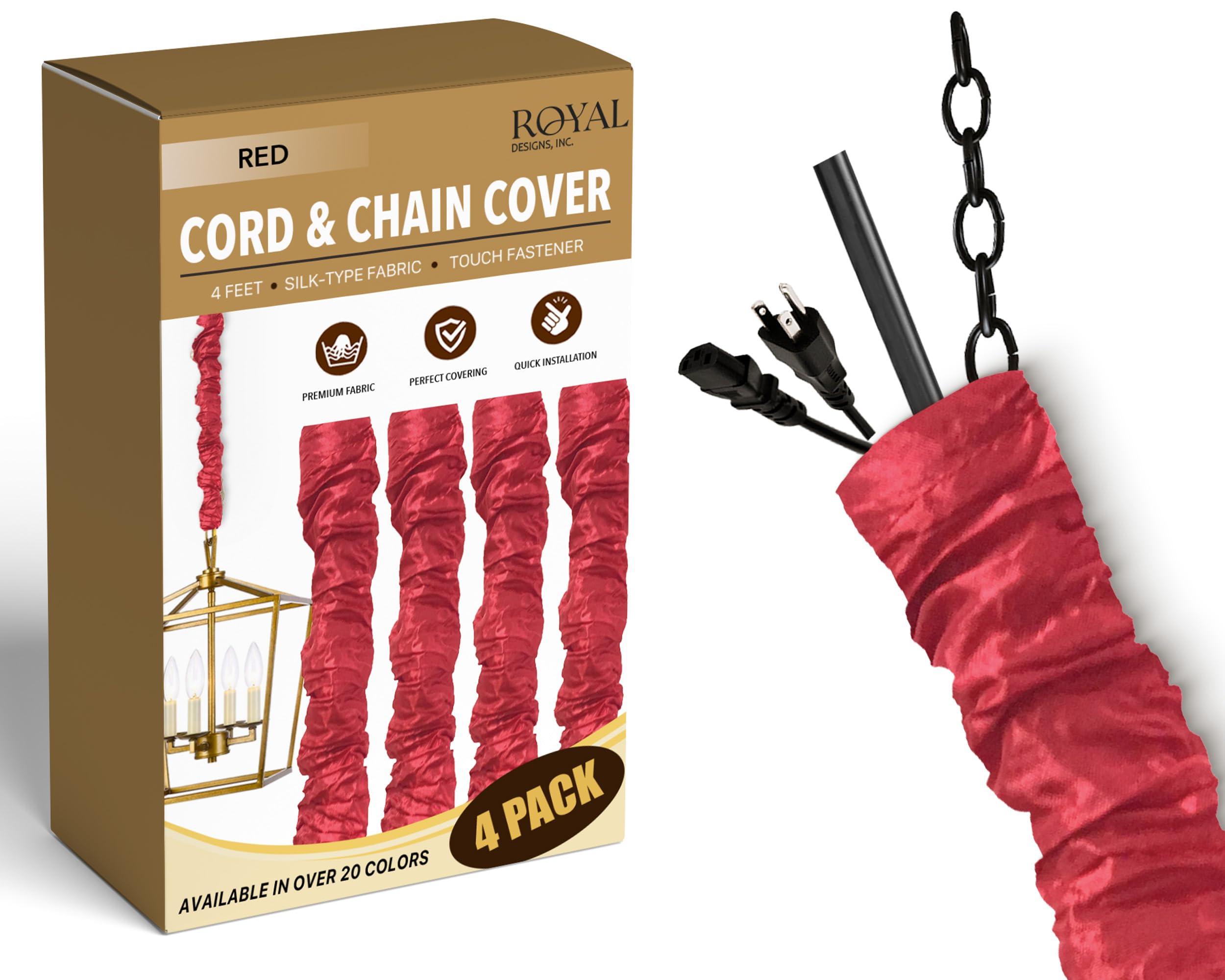 Royal Designs, Inc. Cord &amp; Chain Cover 4 ft Silk Type Fabric, Chandelier Pendant Lighting Chain &amp; Cable Management, Touch Fastener, Red - 4 Pack