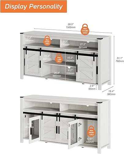 Miniatura 2 de WAMPAT Soporte de TV de granja para TV de 65 pulgadas, centro de entretenimiento de madera blanca antigua con puertas corredizas de granero y