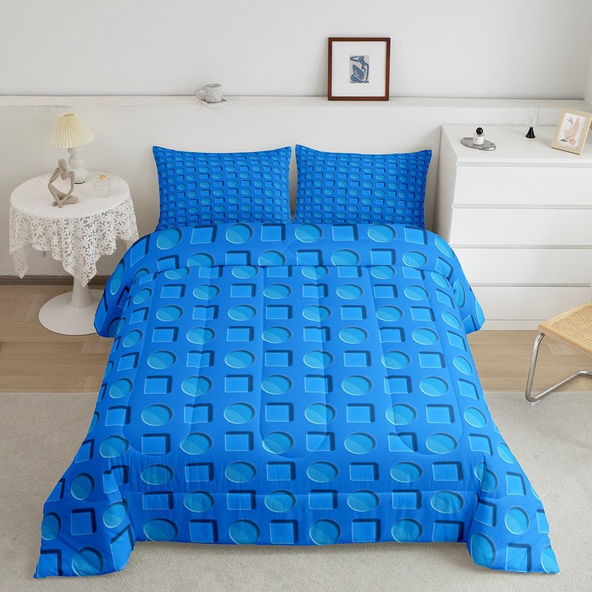 Feelyou Building Blocks Comforter Set Full Size Toy Brick Comforter Set for Kids Teens Adults Blue Blocks Bedding Set Kids Gaming Duvet Set Room Decor 3Pcs with 2 Pillow Case