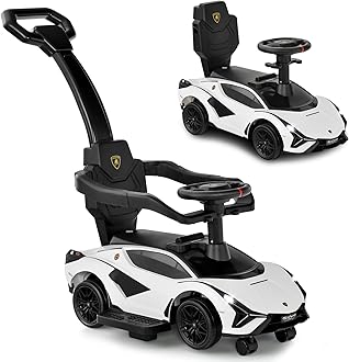 3 in 1 Ride on Push Car, Licensed Lamborghini Baby Stroller Sliding Walking Car with Push Handle, Music, USB, Headlight, Under Seat Storage, Kids Foot-to-Floor Toy for 18-60 Months (White)