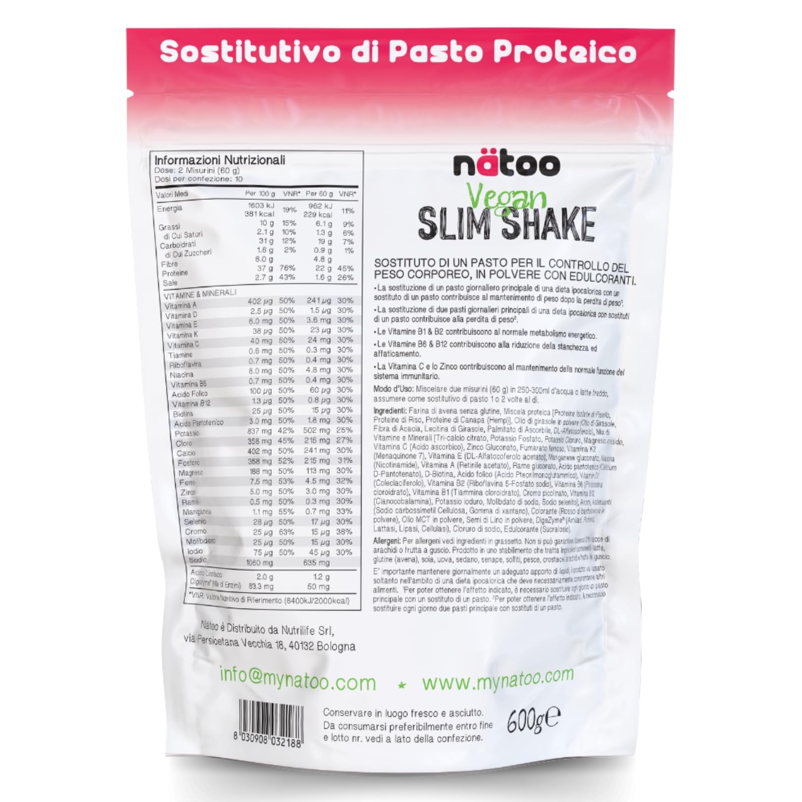 NÄTOO Pasto Sostitutivo Vegan Slim Shake Proteico - Sostituto di pasto completo per il controllo del peso a base di proteine vegetali con 27 minerali e vitamine - 600gr. (10 porzioni) (Fragola)