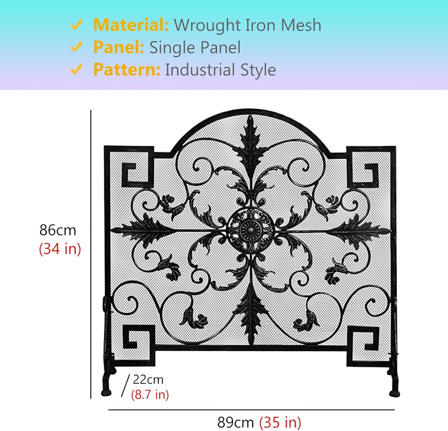 Industrial Wrought Iron Fireplace Screen - Handcrafted Flat Spark Guard with See-Through Metal Mesh for Home, Stove, and Fire Pit Protection