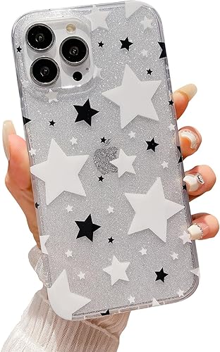 HYUEKOKO Funda compatible con iPhone 15 Pro con purpurina blanca y negra con estrellas para mujeres y niñas, funda delgada y dura para iPhone 15 Pro