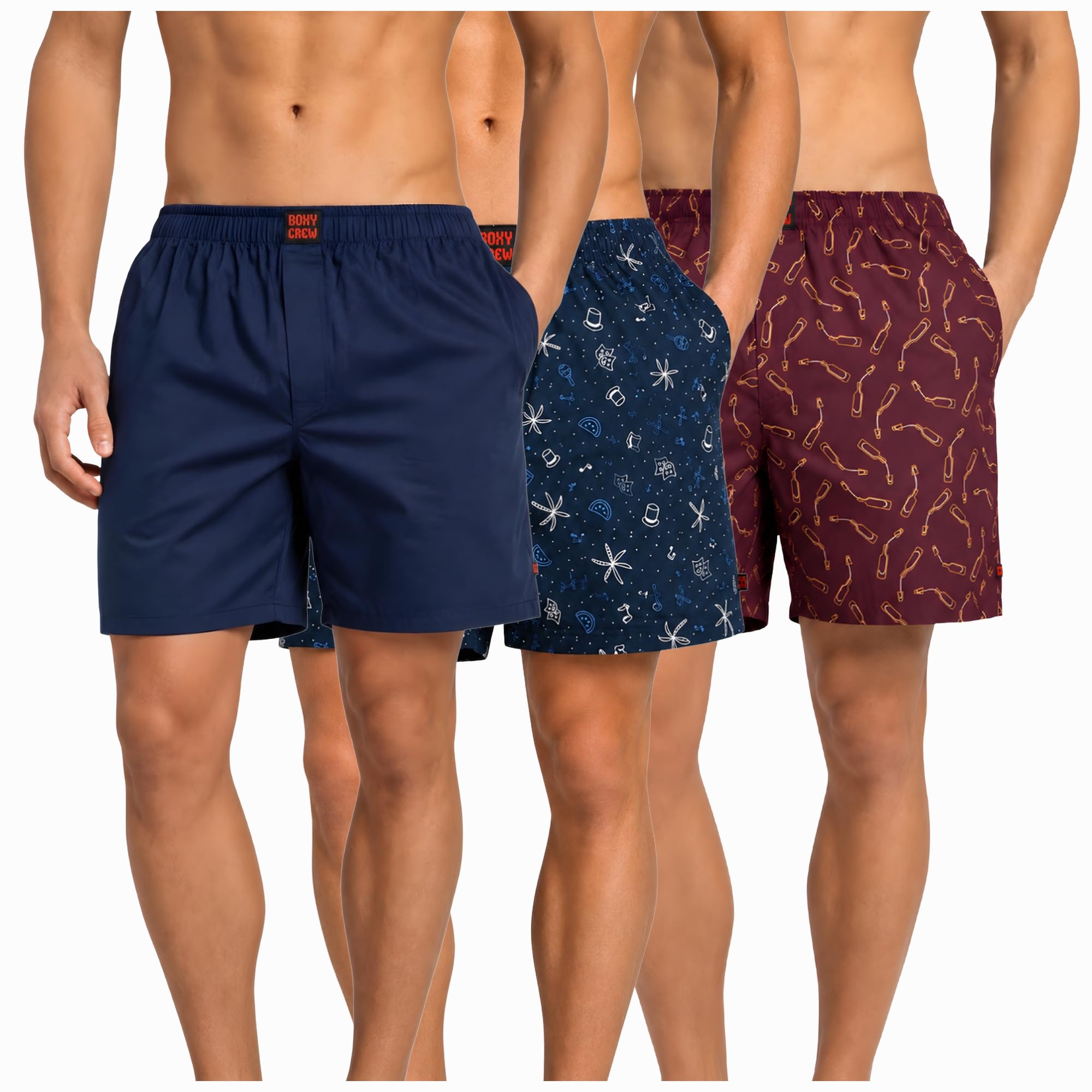 Men's 100% Cotton Boxer Shorts Pack of 3, Navy Blue, Navy Blue & Maroon | Woven Boxers with Side Pockets, No-Marks Elastic Waistband, Breathable Relaxed Fit | Style 002-007-014-image-1