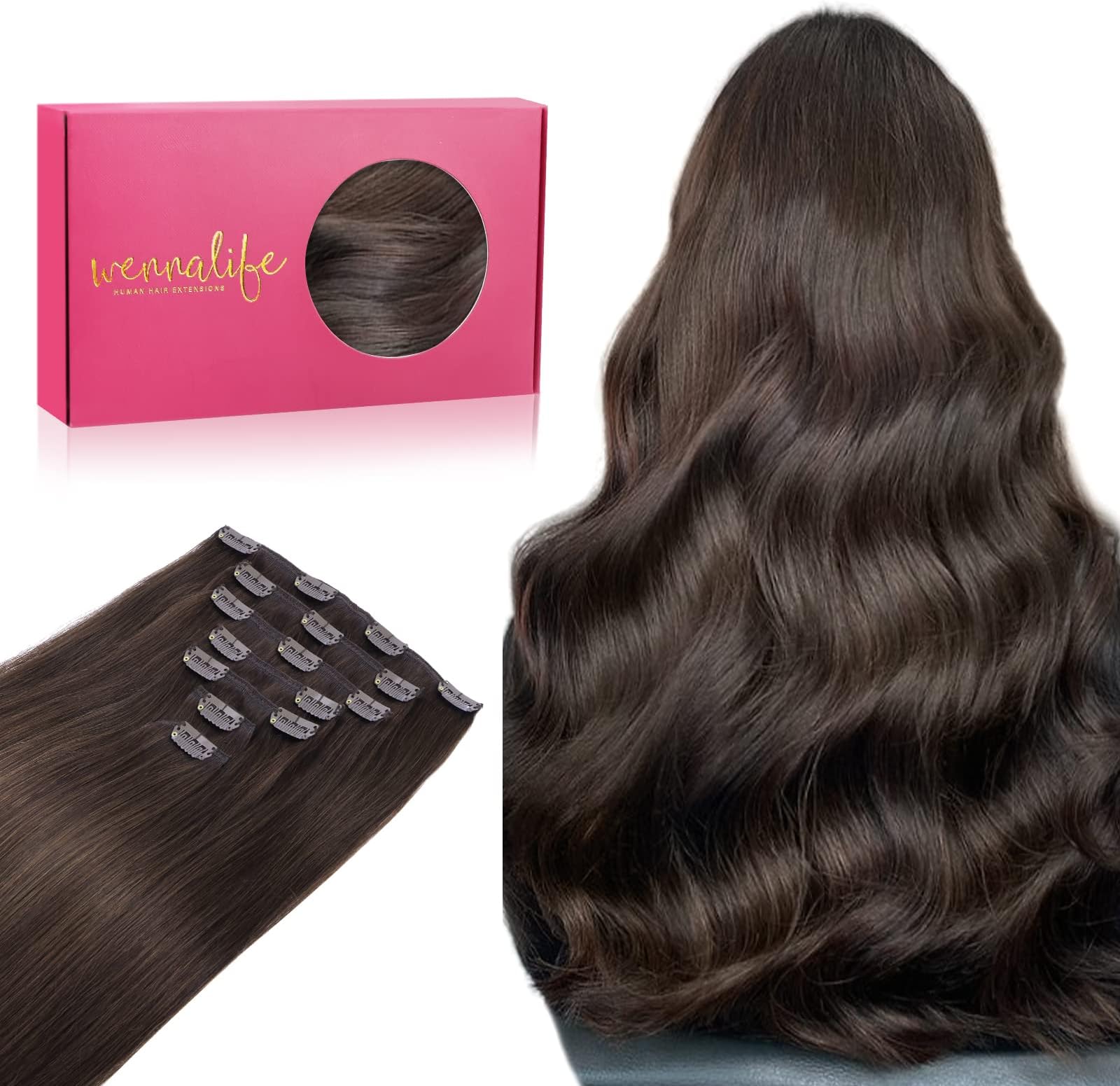 WENNALIFE Clip in Hair Extensions, 20 Inch 120g 7pcs Light Dark Brown Hair Extensions Clip in Human Hair Remy Clip in Hair Extensions Real Human Hair Double Weft