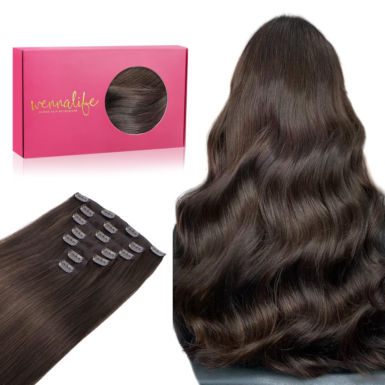 WENNALIFE Clip in Hair Extensions Real Human Hair, 22 Inch 120g 7pcs Light Dark Brown Hair Extensions Clip in Human Hair Remy Clip in Hair Extensions Real Human Hair Double Weft