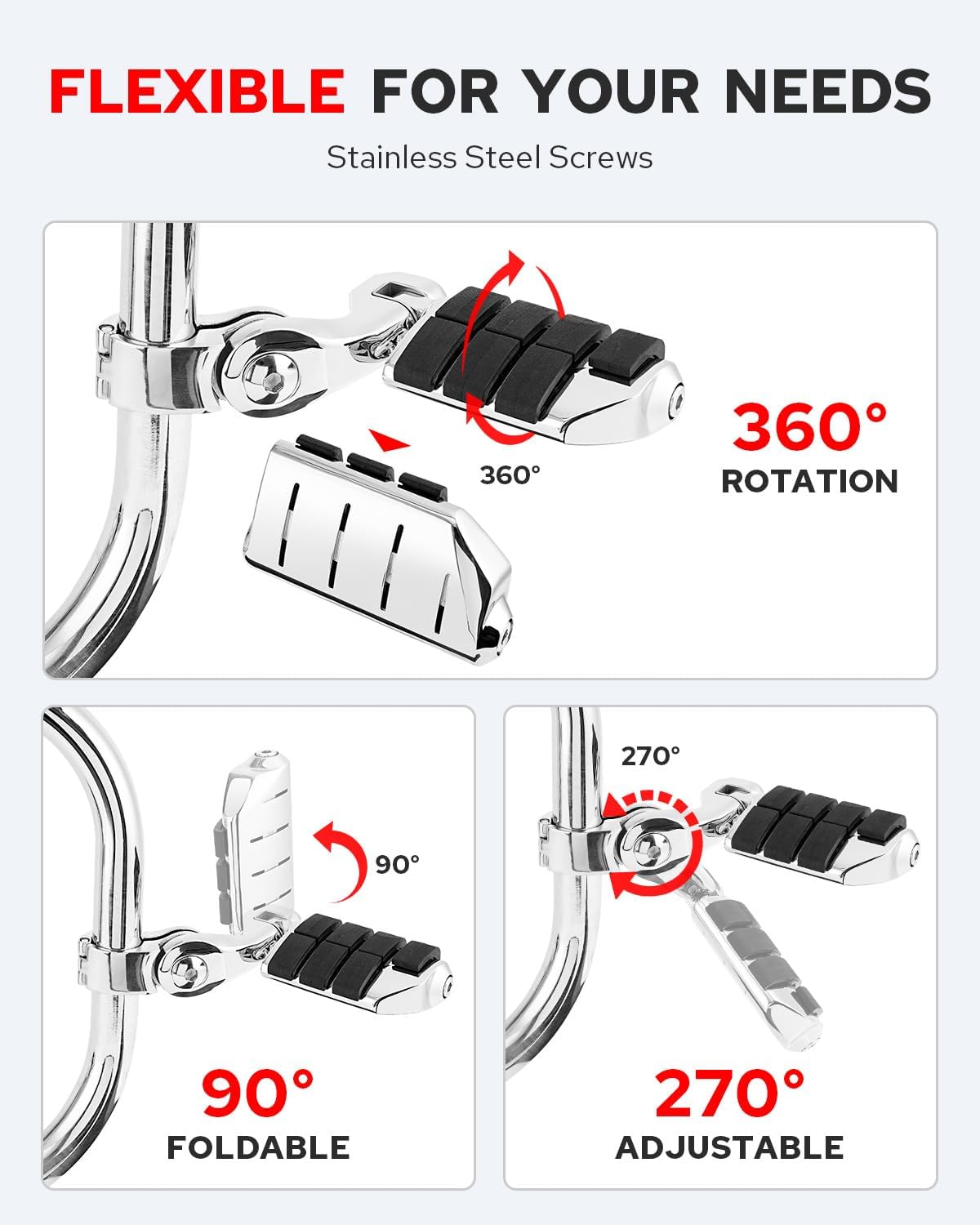 Benlari Highway Pegs,1.25" Highway Footpegs 304 Stainless Steel Adjustable Short Angled Fit for Harley Davidson Touring Street Glide Road Dyna Sportster Softail fits 1-1/4"(32mm) Engine Guard(Chrome)