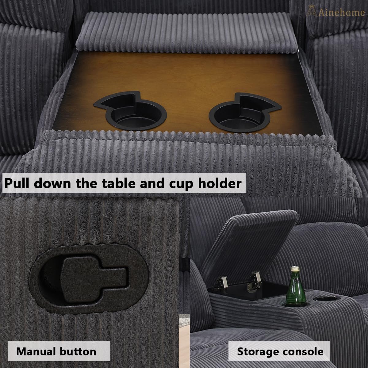 A Ainehome Furniture Sectional Couch Recliner Sofa Set with Storage, Corduroy Sofa Sets Manual Reclining Sectional Couches for Living Room with 3 Recliner Seats(Living Room Set, Dark Grey)