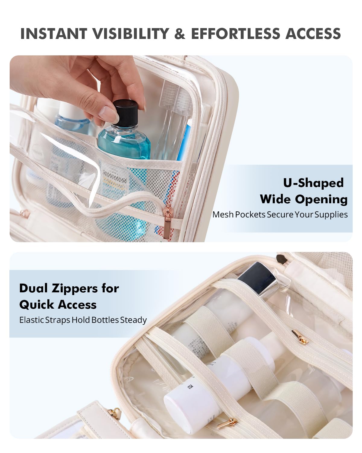 Prite Reise Kulturtasche Damen zum Aufhängen mit Schmuckfach, Beige, L | Kosmetiktasche,Kulturbeutel,Abnehmbare TSA-konforme Tasche,Zwei Größen,Faltbare,Veganes Leder,Wasserfeste TPU-Innenfutter