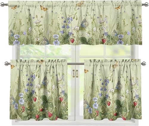 Miniatura 35 de Cortinas de Cocina con Colibríes y Flores, Cortinas de Ventana con Cenefa y Niveles Juego de 3, Cortinas Cortas con Bolsillo para Barra, Cortinas