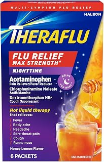 Theraflu Nighttime, Severe Cold Relief, Honey Lemon, 6 Packets | Cold, Cough, and Flu Max Strength Relief Powder for Use in Hot Liquids, Dual Formulas for Day and Night