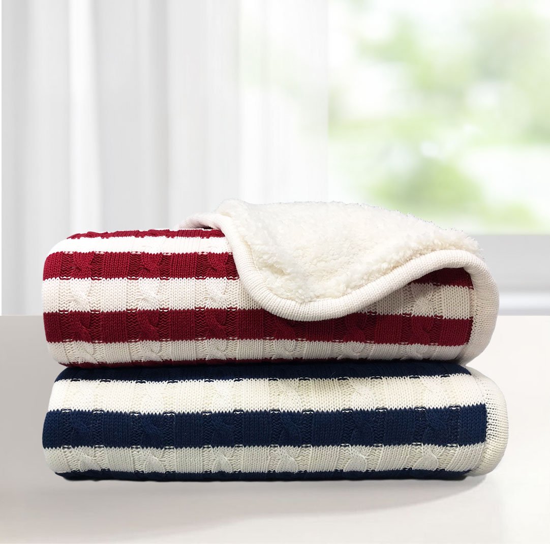 effe bebe Magnolia - Manta de punto trenzado y sherpa para bebé (rayas rojas británicas)