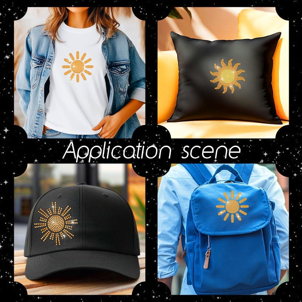 MAYJOYDIY Golden Sun Rhinestone Iron on Transfer Sky Sunshine Heat Transfer Decal Solar Rays Shiny Hot-fix Rhinestone Transfers Sunny Diamond Iron on Stickers for Shirts Bags Hats Jacket Jeans
