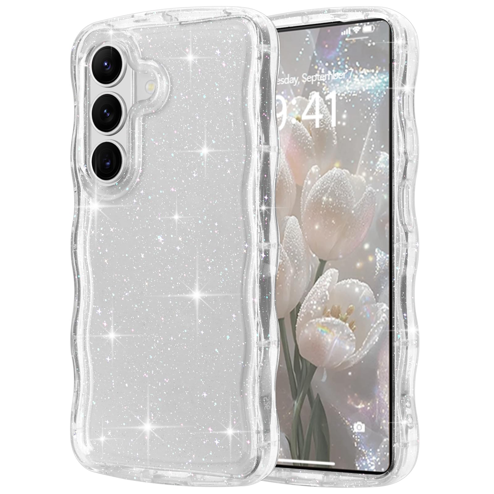 Pepmune Galaxy S26用 ケース クリア キラキラ ラメ うねうね かわいい ウェーブ 透明 スマホケース-クリア