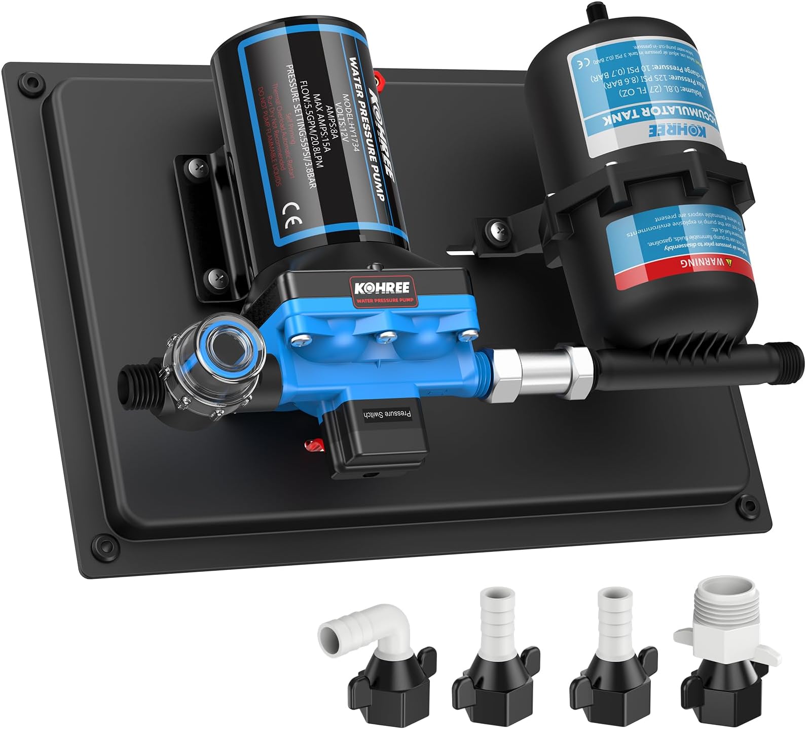 Kohree RV Water Pump 12V DC 5.5GPM 55PSI and 0.75L 125PSI Pre-Pressurized Accumulator Tank, Quiet RV Water Pump and Accumulator Tank System for RV Camping, Boat, Kitchen, Bathroom