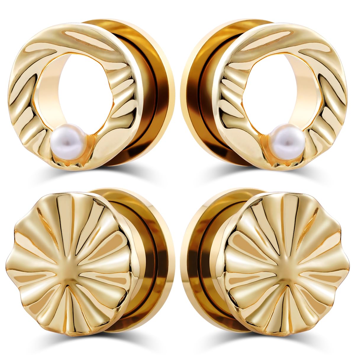 POBAISITER 2pairs Leaf Shaped Ear Gauges with Pearls Stainless Steel Ear Tunnels and Plugs Gold and Silver Ear Gagues Screw Fit Expander Stretcher