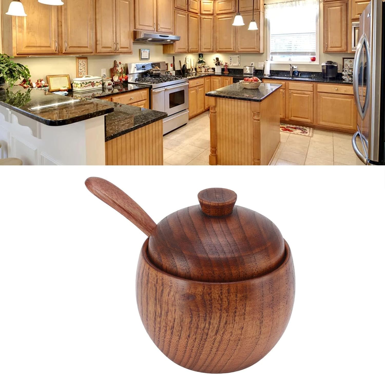 Wooden Salt Box with Lid Spoon, Sugar Bowl Seasoning Container Holder Salt Spice Jar Box Salt Keeper, Pepper, Tea Container for Kitchen Countertop Restaurant