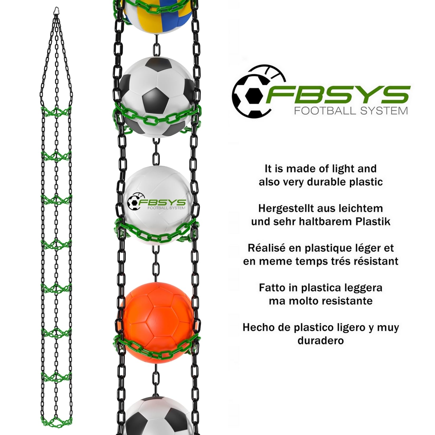 Ballhalter - Haken für 8 Bälle (Basketball, Fussball, Volleyball) - Organizer Ballnetz - Schwarz & Grün
