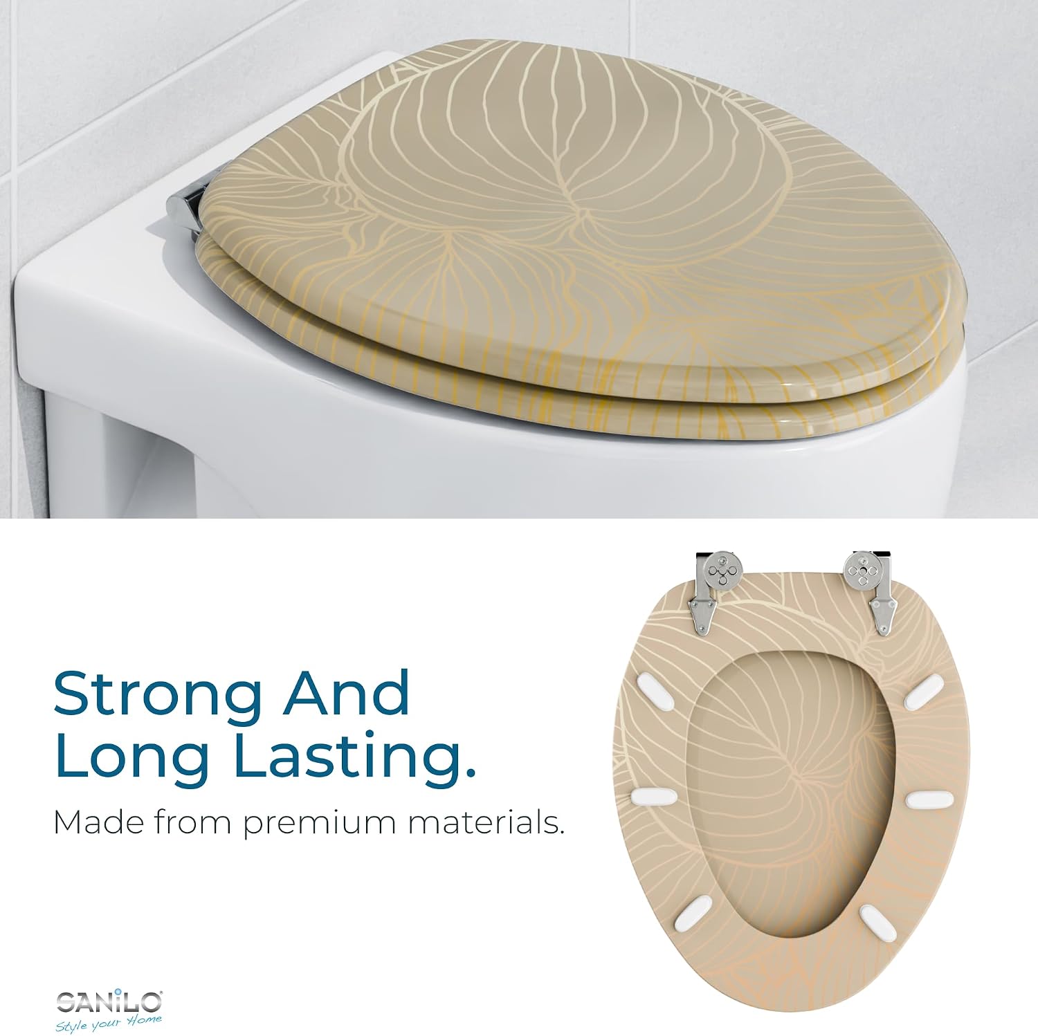 SANILO Wooden Toilet Seat with Soft Close [ELONGATED] - Decorative, Quiet & Slow Close Molded Wood Seat - With Strong Bumpers & Hinges - Adjustable Fit - Hosta