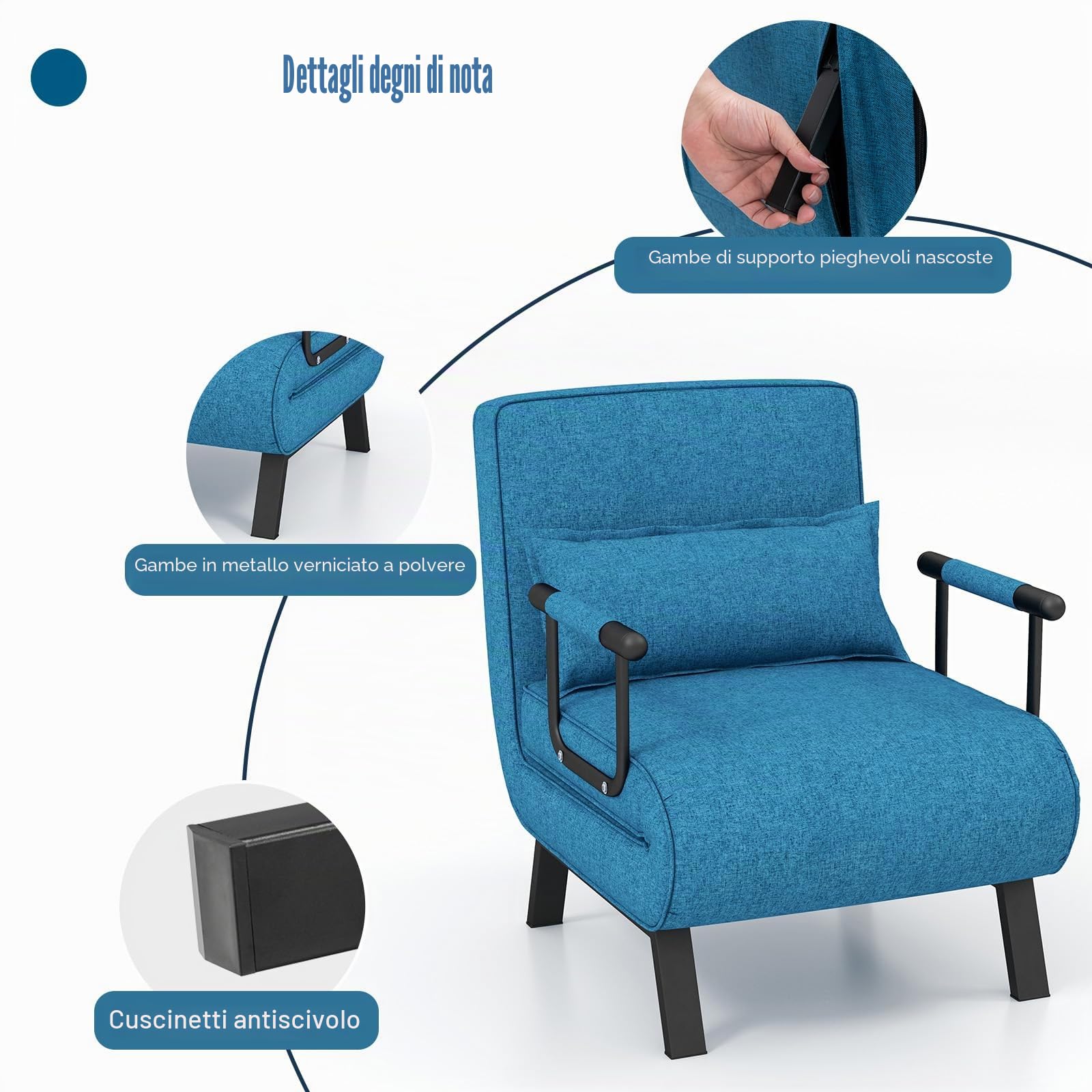 HOMASIS 4 in 1 Poltrona Letto, Divano Letto Pieghevole con Braccioli, Poltrona Salvaspazio con Schienale Regolabile con 6 Angolazioni e Cuscino Removibile, Portata 150 kg (Blu)