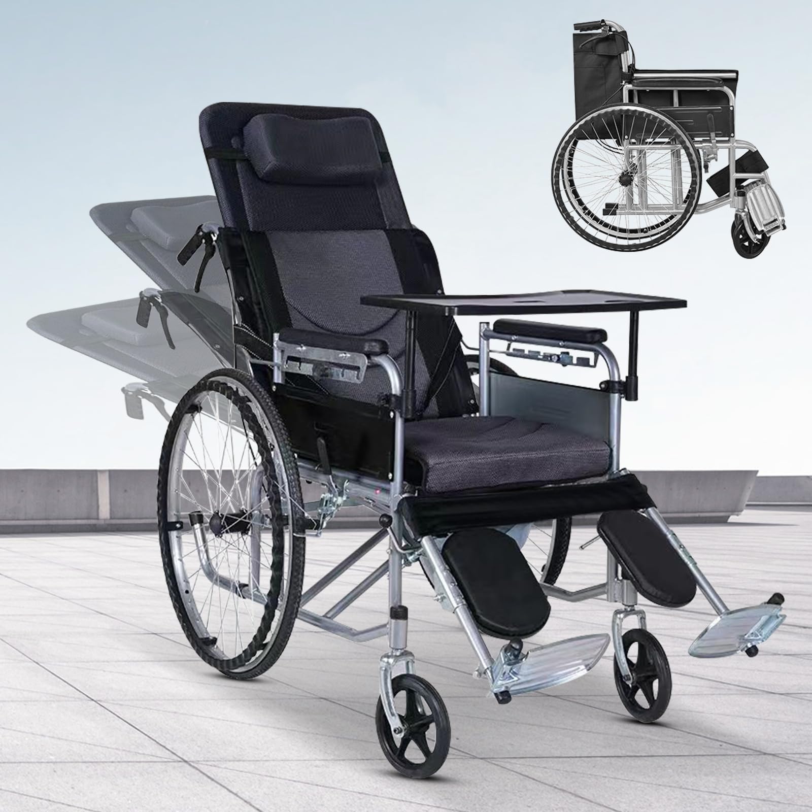 Silla de Ruedas Plegable Ligera - Silla de Viaje de Aluminio Totalmente reclinable y Ajustable - Asiento de 45 cm para Adultos, Personas bariátricas y Personas Mayores - Capacidad de 118 kg