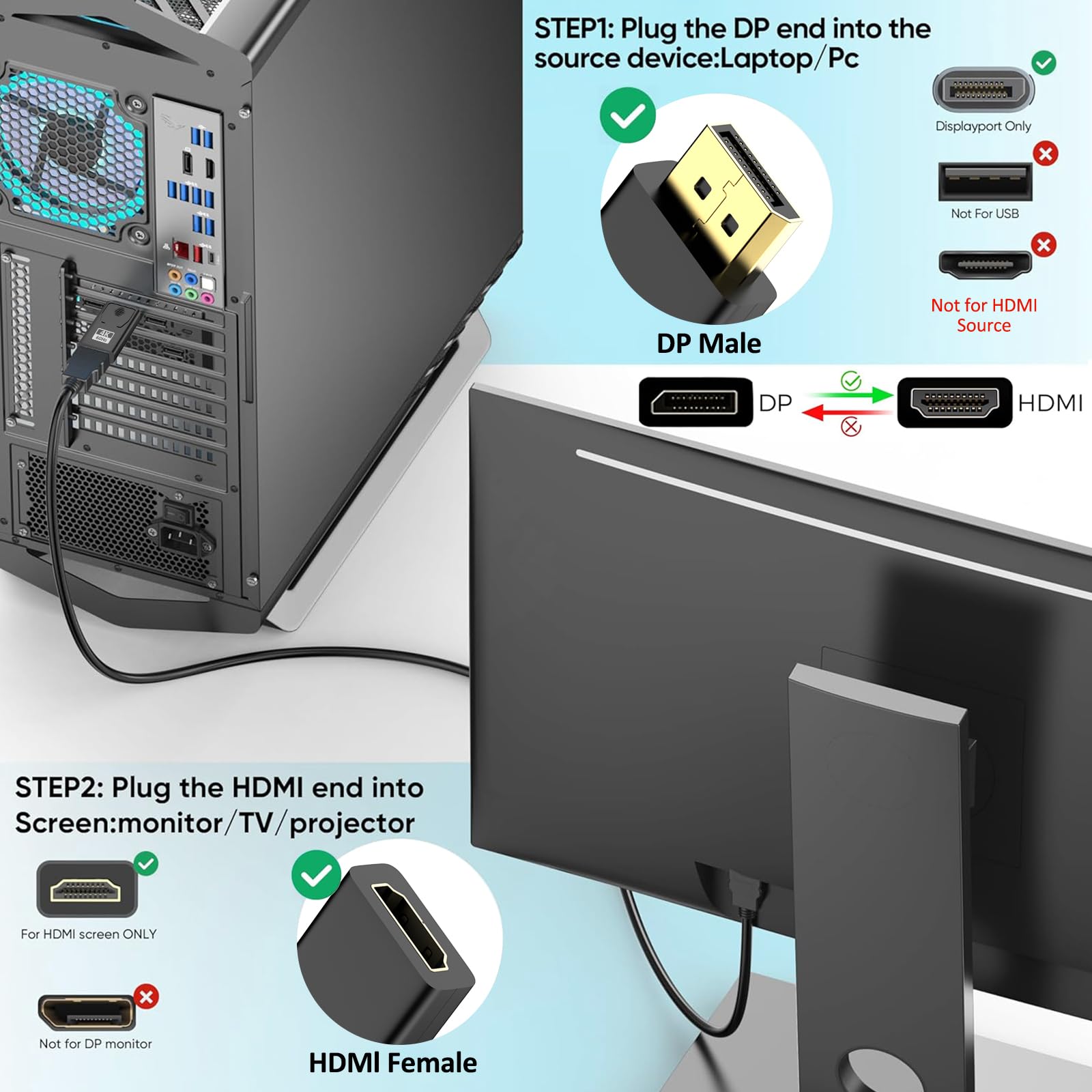 4K Adaptateur Displayport vers HDMI,DisplayPort vers HDMI 4K@60Hz/ 2K@60Hz/ 1080P@120Hz,2 pièces Unidirectionnel display port to hdmi Compatible avec Dell,HP,HDTV,Projecteur,Moniteur, AMD, GPU, NVIDIA