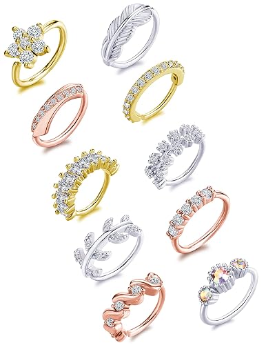 Tornito 10-Piece Paved Flower Leaf Feather CZ Nose Ring Hoops