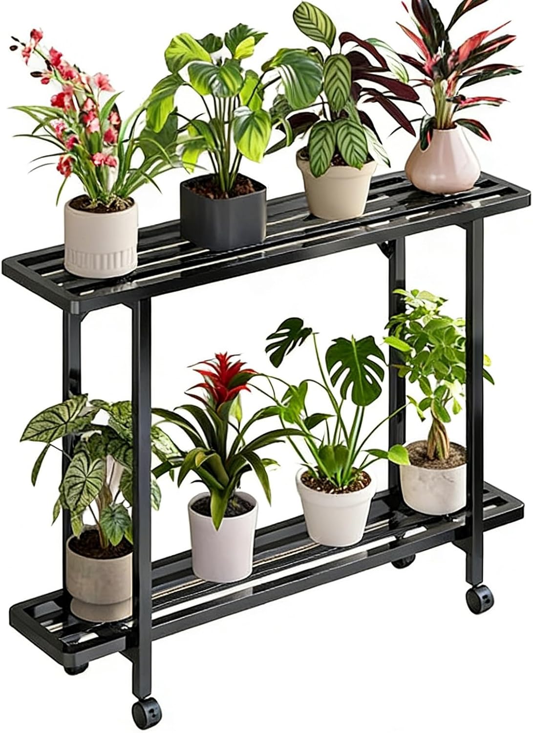 plant-racks 2/3 Tier Flower Stand With Wheels, Metal Plant Shelf For Indoor Outdoor Balcony Living Room Office Garden, Movable Flower Pot Holder Rack(White,120*28*107cm)