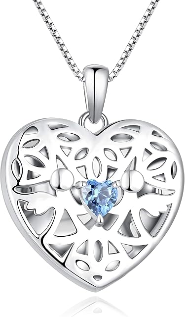 FJ Necklaces for Women Guardian Angel Necklace 925 Sterling Silver Angel Locket with Birthstone Cubic Zirconia Jewellery Gifts for Women Girls