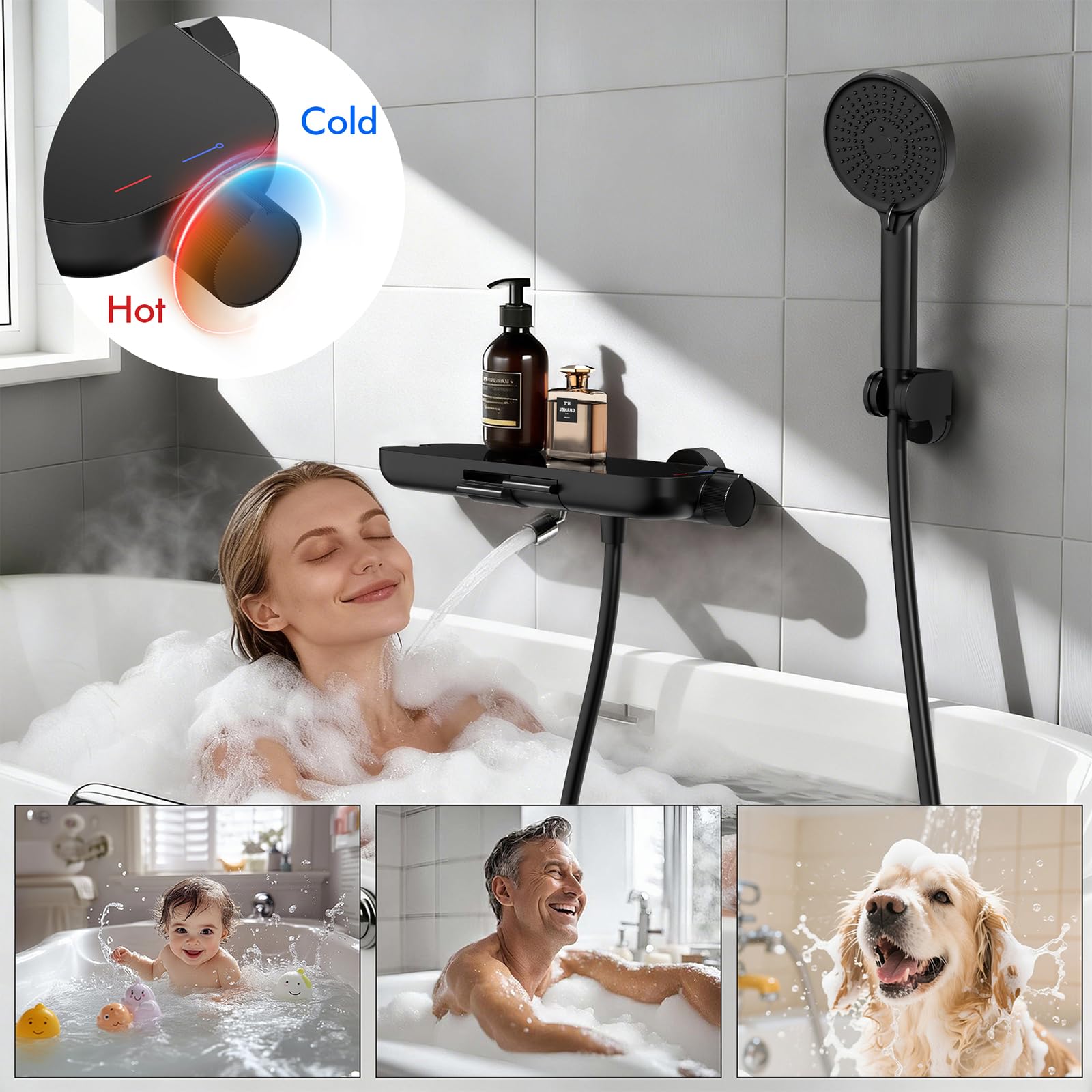 HOMELODY Badewannenarmatur schwarz mit Handbrause | 360° drehbarer Auslauf, Badewannenarmaturen mit Duschbrause, Glasablage, 1,5 m PVC Schlauch, Mischbatterie zur Wandmontage