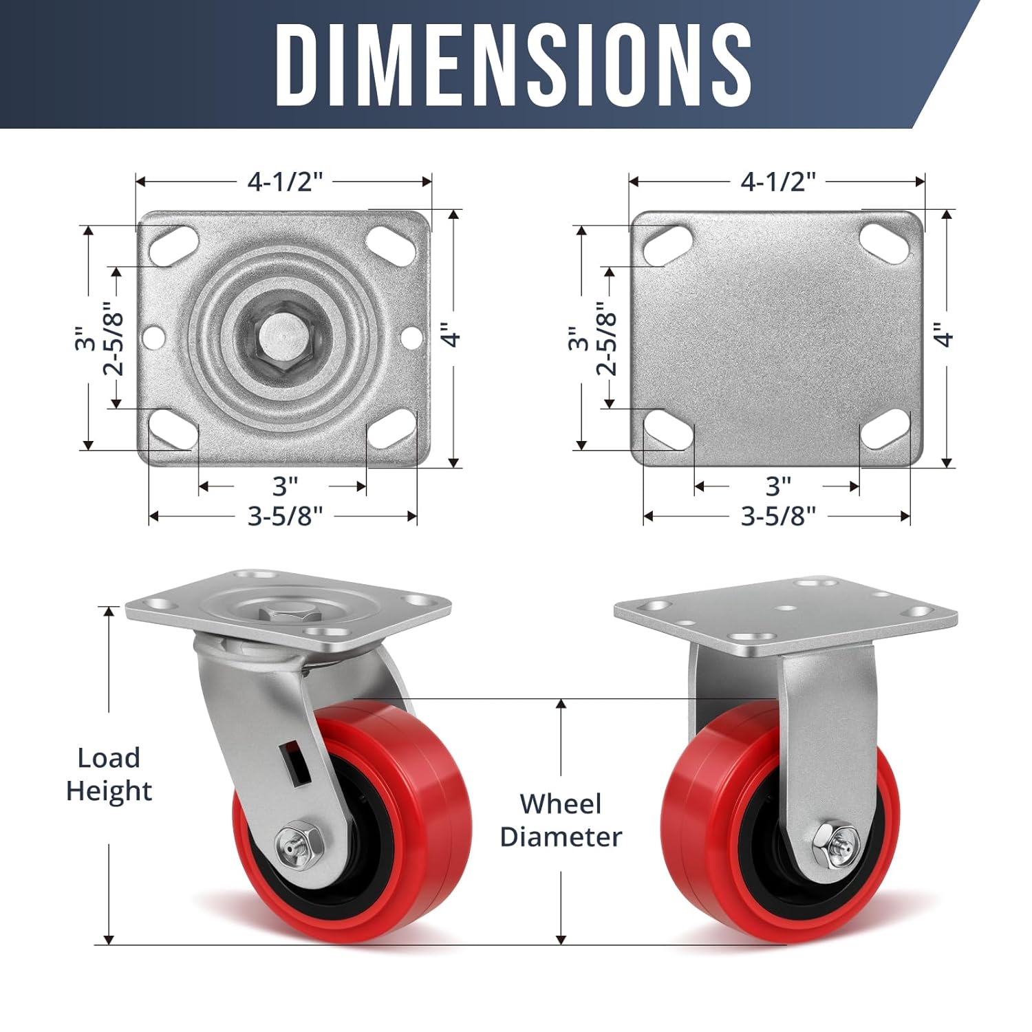 4 inch Industrial Casters-Polyurethane on Polyolefin Swivel Casters, Heavy Duty Casters with 800 lb Capacity, Caster Wheels for Toolbox, Workbench, Industrial Equipment（1Rigid）