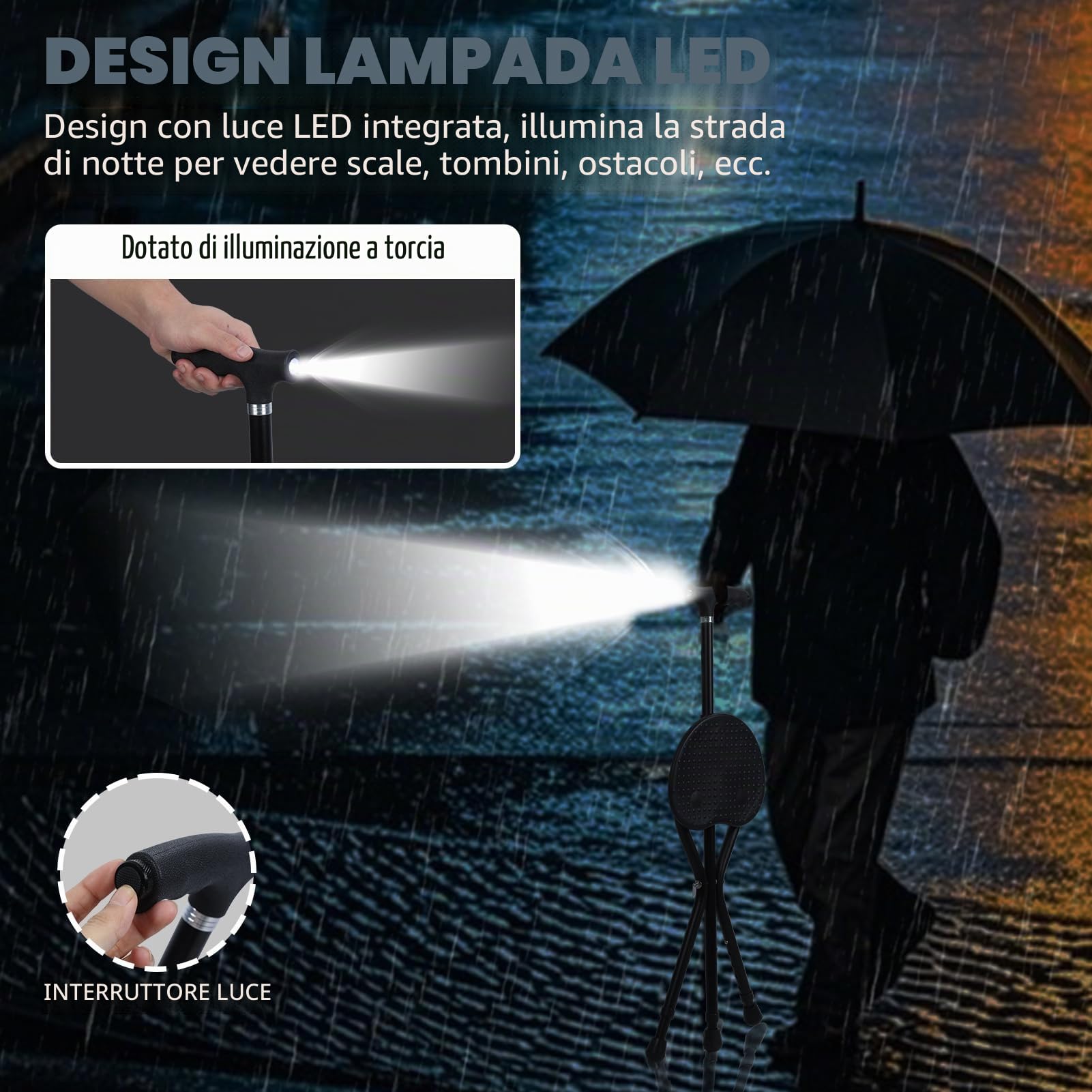Sedia pieghevole per bastone, altezza regolabile con luce a LED, in lega di alluminio, portatile, aiuto per la mobilità, sgabello pieghevole, capacità di 199,6 kg