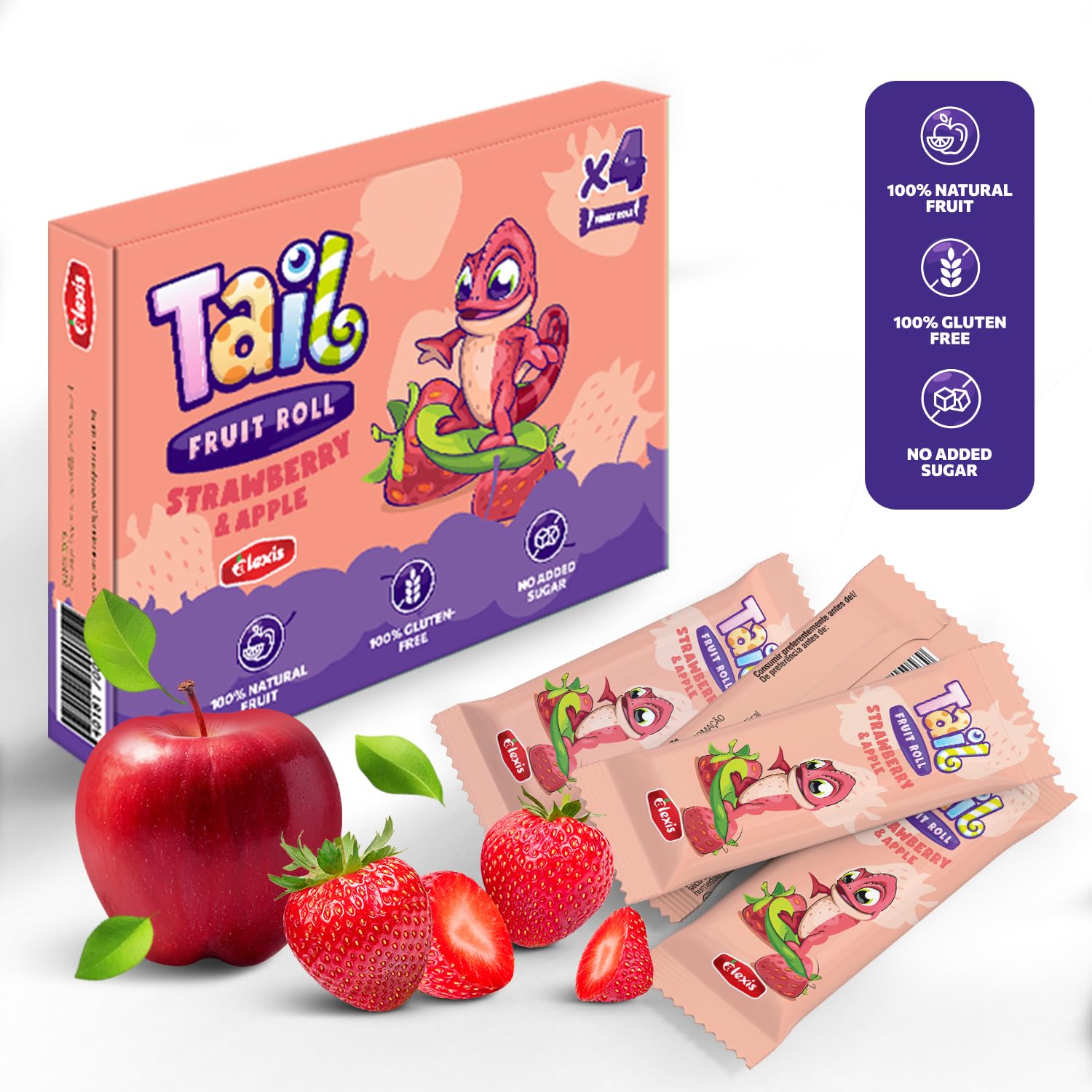 Tail Fruit Roll Healthy Snacks 48 Individual Packs Strawberry (Fresa) Flavor for Kids and Adults. No added sugar, non-GMO, source of vitamins, fiber.
