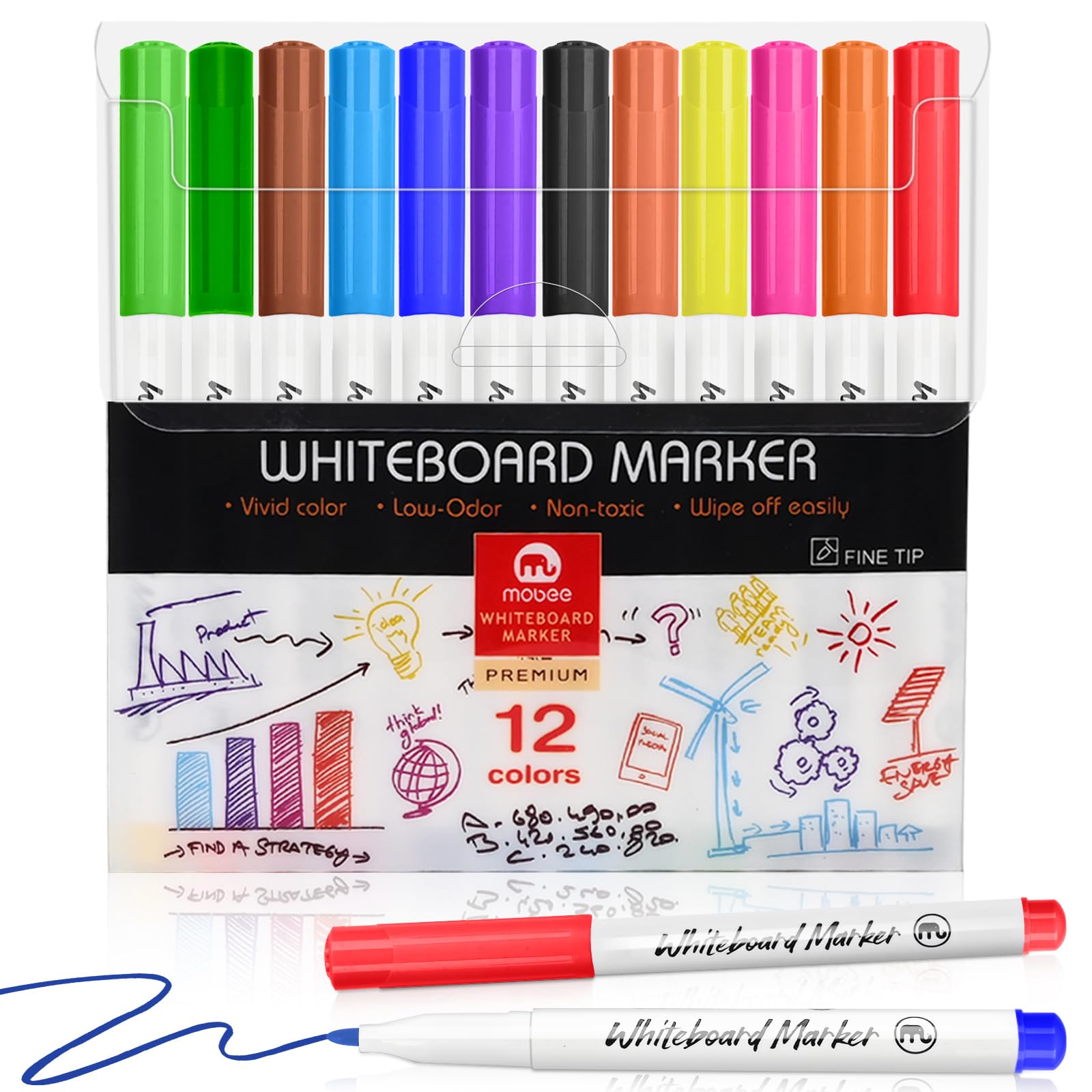 Dry Erase Markers, Whiteboard Pens Colour Erasable Ink Marker for Home, School Office Uses, 12 Assorted Color
