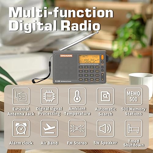 Miniatura 2 de SIHUADON R-108 Radio portátil AM FM SW LW Airband, pequeña radio de emergencia retro digital funciona con pilas, 5 W, altavoz con alarma para