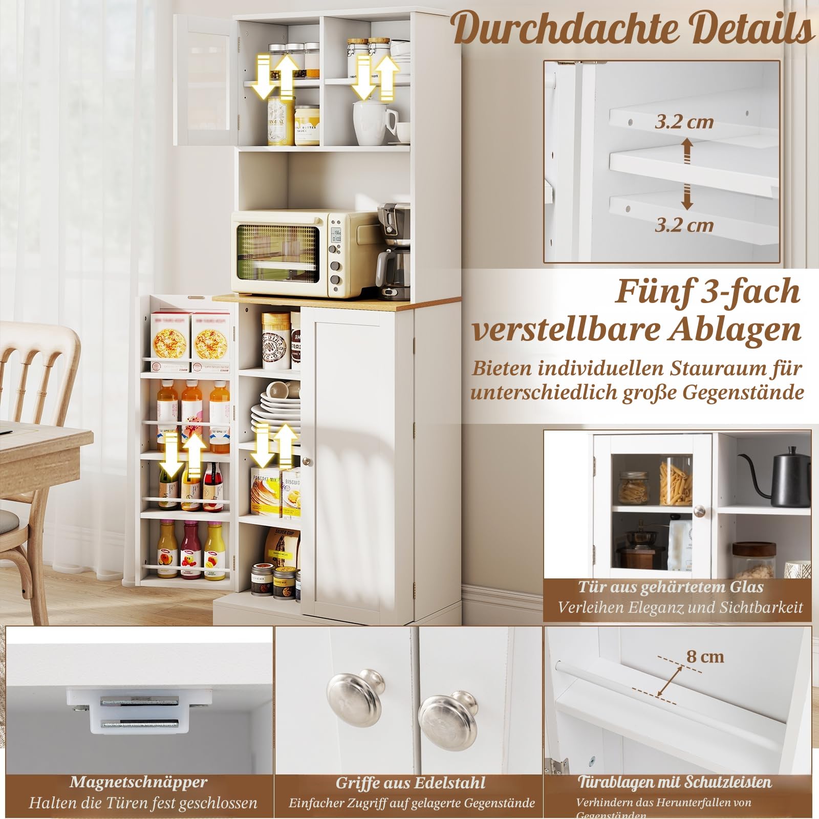 KOMFOTTEU Hohe Küchenschrank 170 cm mit verstellbaren Regalen, Buffetschrank mit Kabellöchern, Tür aus gehärtetem Glas, Buffet für Wohnzimmer, Esszimmer, Mehrzweckschrank 60 x 35 x 170 cm, Weiß