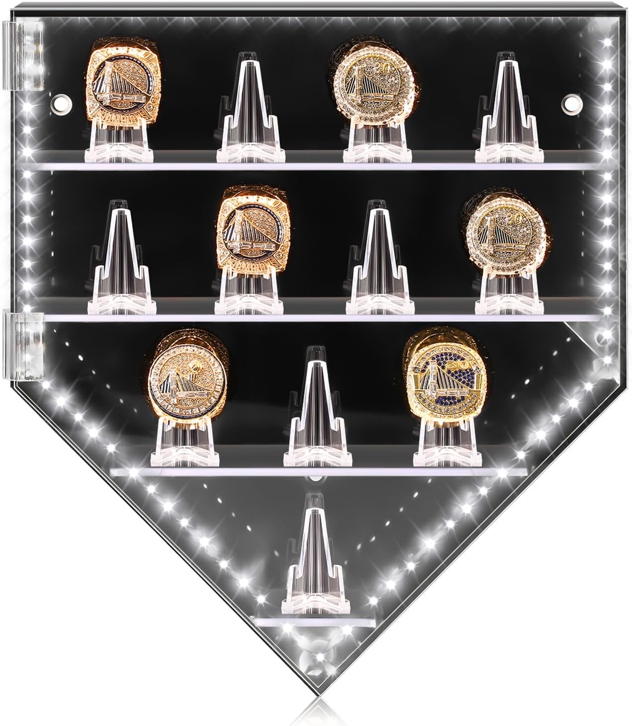 Remuuly Championship Ring Display Case 12 Posts Baseball Ring Holder Football Basketball Softball Display Box with Clear Magnetic Acrylic Door Wall Mount Sports Award Trophy Case(Classic)