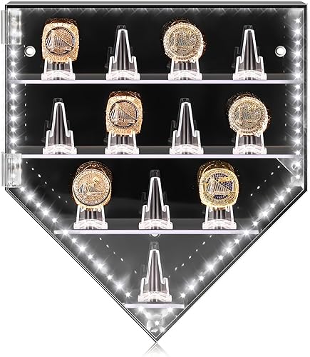 Miniatura 8 de Remuuly Vitrina para anillo de campeonato, 12 postes de anillo, soporte para anillo de béisbol, baloncesto, softbol, caja de exhibición con puerta