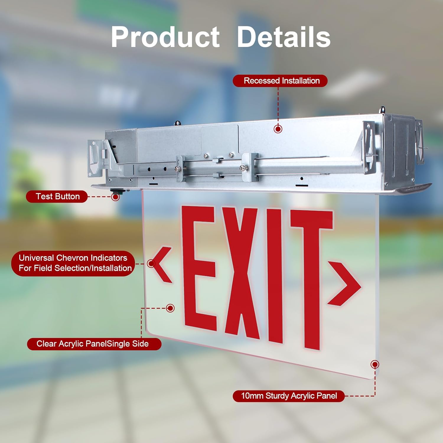 Qllite LED Exit Sign LED Edge-Lit Exit Sign Emergency Light w/Battery Backup, Recessed Mount Edge, Aluminum Housing, Single Side Clear Acrylic Panel, Red Letters, UL Listed, 120-347V Commercial Use