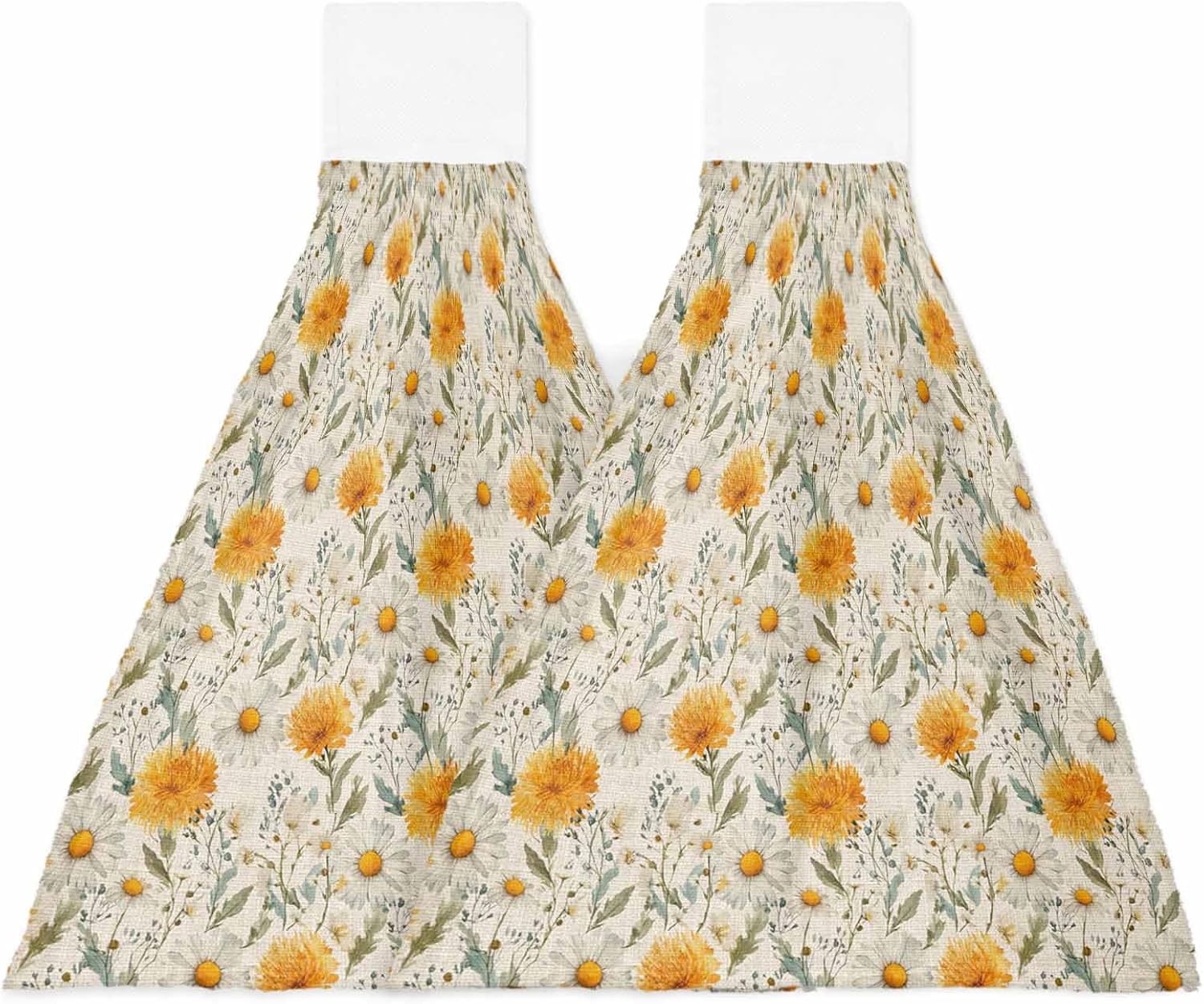Spring Daisy Kitchen Hand Towels with Hanging Loops Set of 2 Country Vintage Yellow White Floral Leaf Soft Thick Oven Fingertip Dry Microfiber Tie Dish Towel Absorbent Cleaning Washcloth for Bathroom